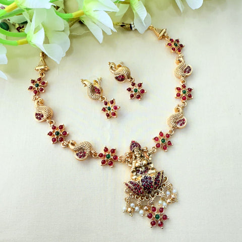 Traditional Gold Plated Kemp Stone Temple Necklace Set JH5944