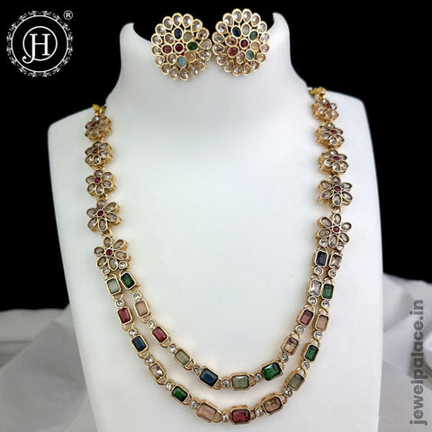 Beautiful Gold Shine With Kemp Stone Floral Design Two Layer Necklace JH5945