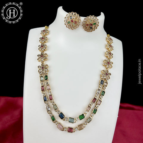 Beautiful Gold Shine With Kemp Stone Floral Design 2 Layer Necklace JH5945