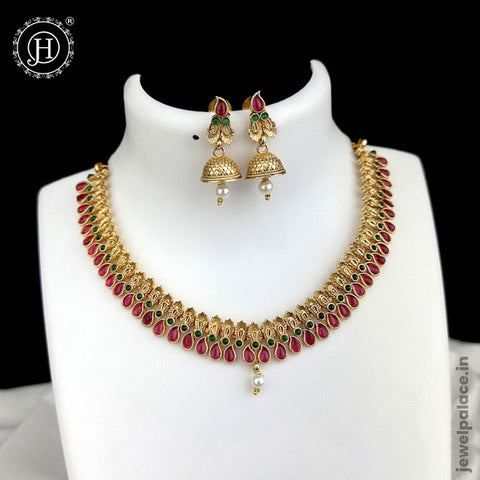 Beautiful Gold Plated Kemps Stone Designer Necklace Set With Earrings JH5946