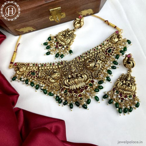 Elegant Gold Plated Temple Choker Set With Earrings JH5989