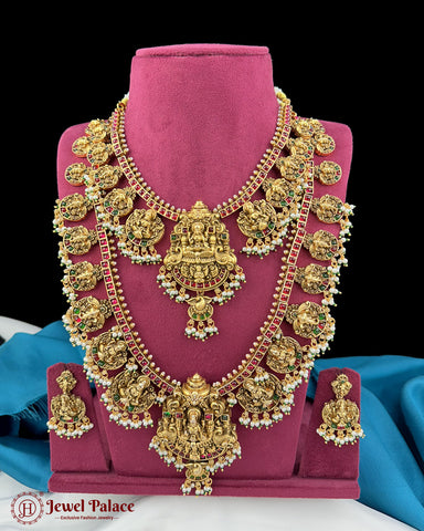 Beautiful Temple Look Gold Plated Kemp Stone Combo Jewellery Set