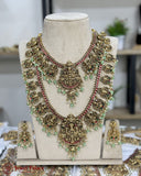 Ornate gold necklace with green beads on a mannequin bust, brand 'Jewel Palace' visible.