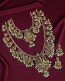 Beautiful Temple Look Gold Plated Kemp Stone Combo Jewellery Set