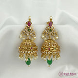 Gold earrings with green and red stones on a white background, branded 'Jewel Palace'.