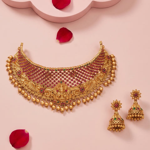 Antique Gold Plated Kemp Stone Temple Choker Set JH6073