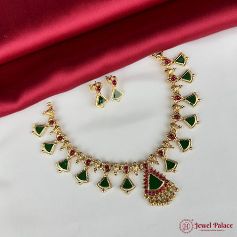 Beautiful Gold Finish Green Leaf Design Necklace