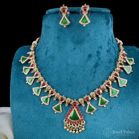 Beautiful Gold Finish Green Leaf Design Necklace