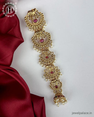 Elegant Gold Plated Kemps Stone Pearls Traditional Jadai Billai JH6361