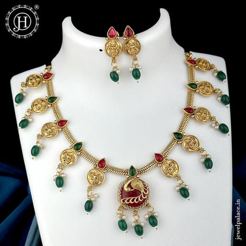 Beautiful Gold Finish Kemp Stone Laxmi Coins Necklace JH6548