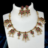 Beautiful Gold Finish Brass Kemp Stone Floral Necklace Set JH6550