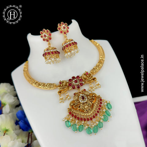 Beautiful Gold Plated Kemp Stone Laxmi Design Necklace Set JH6573