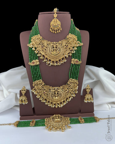 Exclusive Gold Plated Temple Jewellery Set with Green Beads Bridal And Festive Collection