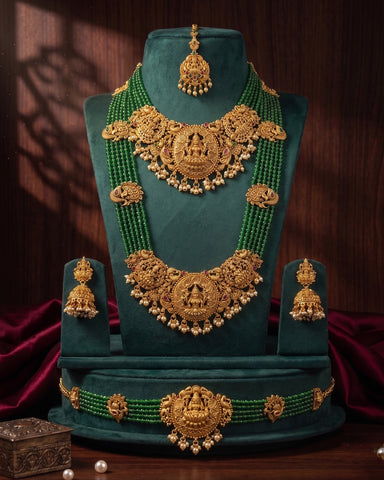 Exclusive Gold Plated Temple Jewellery Set with Green Beads Bridal And Festive