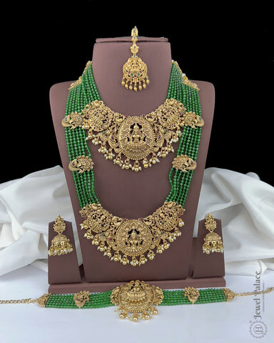 Exclusive Gold Plated Temple Jewellery Set with Green Beads Bridal And Festive 