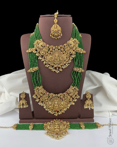 Exclusive Gold Plated Temple Design Semi bridal Jewellery Set with Green Beads 