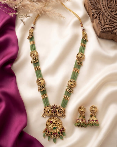 Antique Gold Finish Peacock Design Temple Necklace with Green Beads