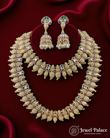 Antique Gold Finish Temple Jewellery Combo Set Haram and Necklace With Jhumka Earrings