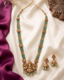 Antique Gold Finish Lakshmi Pendant Green Beads Temple Haram Set