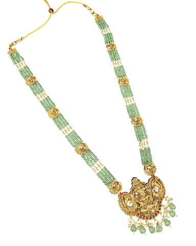 Antique Gold Finish Lakshmi Pendant Green Beads Temple Haram Set