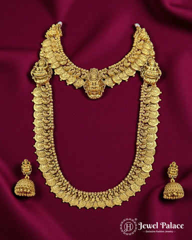 Gold necklace and earrings set on a maroon fabric background with 'Jewel Palace' branding.