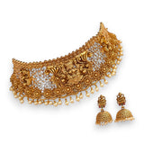 Antique Gold Finish Temple Choker Necklace with Lakshmi Design and Jhumka Earrings