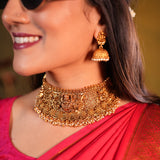 Antique Gold Finish Temple Choker Necklace with Lakshmi Design and Jhumka Earrings
