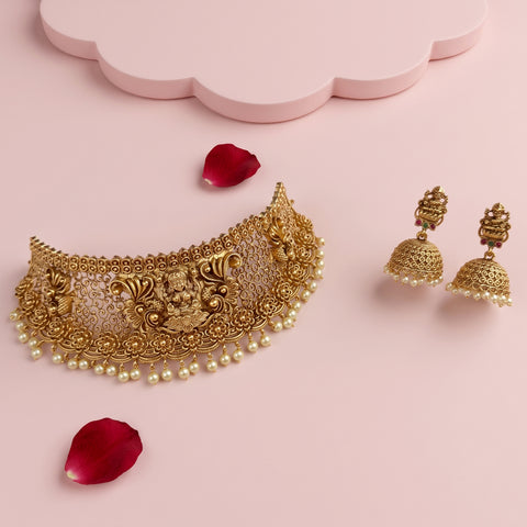 Antique Gold Finish Temple Choker Necklace with Lakshmi Design and Jhumka Earrings