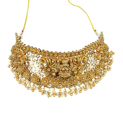 Antique Gold Finish Temple Choker Necklace with Lakshmi Design and Jhumka Earrings