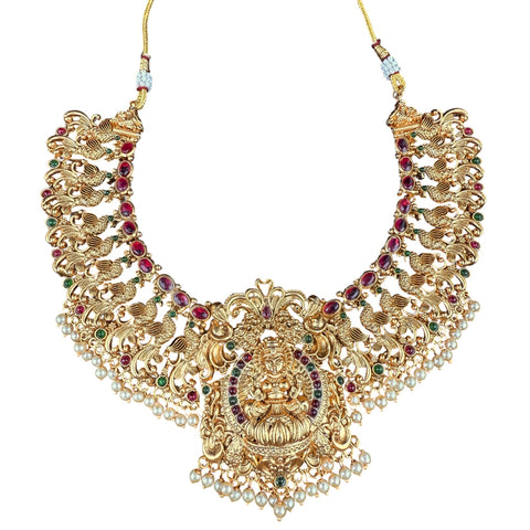 Antique Lakshmi Peacock Temple Necklace with Ruby And Emerald Stones