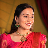 Antique Temple Necklace with Lakshmi Pendant and Green Beads