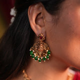 Antique Temple Necklace with Lakshmi Pendant and Green Beads