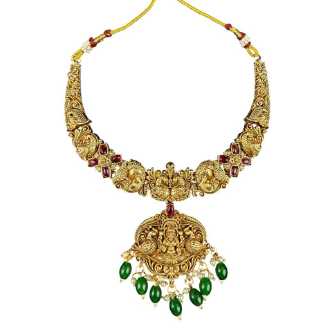 Antique Temple Necklace with Lakshmi Pendant and Green Beads