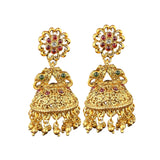 Gold earrings with intricate designs on a white background