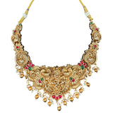 Antique Gold Temple Choker Necklace with Peacock Motifs and Kemp Stones