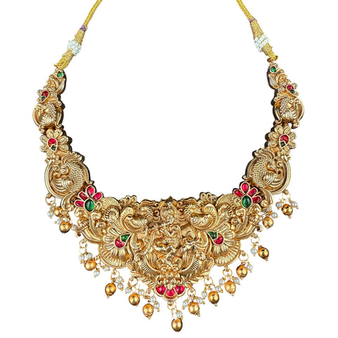 Antique Gold Temple Choker Necklace with Peacock Motifs and Kemp Stones