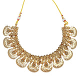 Gold necklace with intricate design on a white background