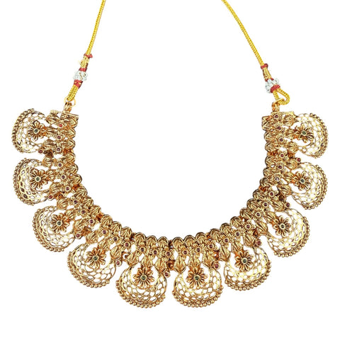 Gold necklace with intricate design on a white background