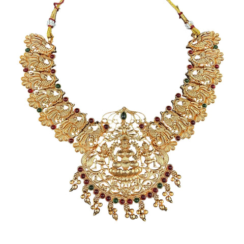 Gold necklace with intricate design and colored beads on a white background