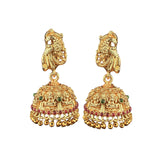 Pair of gold earrings with intricate designs on a white background