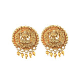 Pair of gold earrings with intricate designs on a white background