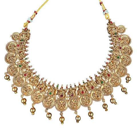 Gold necklace with intricate design and colorful stones on a white background