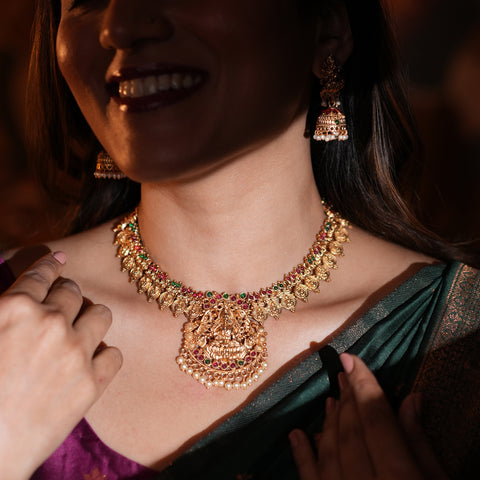 Gold Temple Necklace with Lakshmi Pendant And Pearl Drops South Indian Jewelry