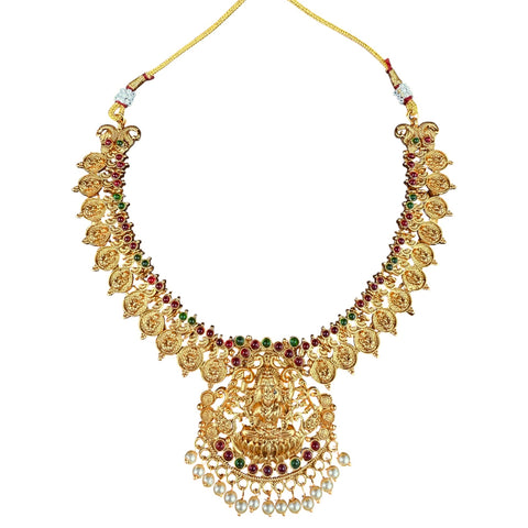 Gold Temple Necklace with Lakshmi Pendant And Pearl Drops South Indian Jewelry