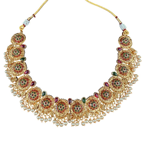 Gold necklace with gemstones and pearls on a white background