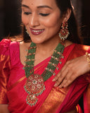 Heavy Long Haram Necklace with Red And Green Stones Wedding Jewelry