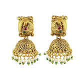 Pair of gold earrings with pearl and gemstone accents on a white background