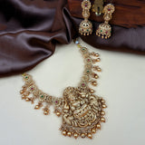 Antique Gold Plated Temple Necklace with Goddess Lakshmi Pendant and Jhumka Earrings
