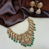 Antique Lakshmi Temple Necklace with Kemp Stones And Jhumkas