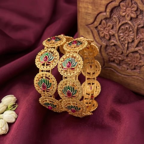 Elegant Gold Finish Lotus Motif Bangles Set of 2